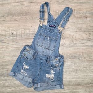 Blue Spice Distressed Denim Overall Shorts | Juniors Size 1 | Light Wash Stretch
